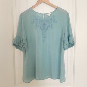J. Jill Rayon Embroidered Round Neck Top Ruffle Short Sleeves Enamel Blue Size L